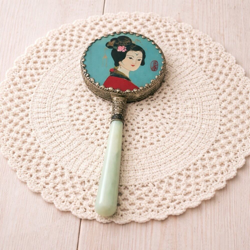 Vintage Asian Vanity Mirror Geisha Enamel Green Handle Cloisonné Style